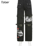 Eyelet Buckle Black Punk Goth Jean Fashion Woman Techwear Dark Academic Print Egirl Cargo Pants High Waist Denim