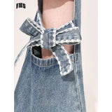 Mm Large Street Hottie Bow Trumpet Micro-Tight Jeans Girl Retro Hollow Horn Long