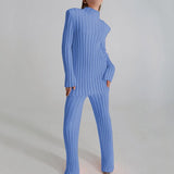Free Shipping Cotton Casual Women Knitted Two Piece Sets Women's Slim Outfits Striped Turtleneck Sweater And Elastic Pant