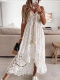 Boho Lace Maxi Dress for Women Holiday Elegant Lady V Neck Spaghetti Strap Sundress White Dress Vestidos De Mujer