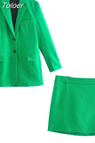 MODA Women 2023 Chic Green Blazer Suit Sets Office Lady Fashion Jackets + Sexy Mini Skirt Elegant Female Outwear