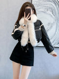 Winter Warm PU Leather Coats Faux Fox Fur Jacket Big Fur Collar Short Jacket Fashion Black Cotton Padded Lady Down