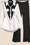 Pleated Waist Panel Chiffon Shirt Casual Wide Leg Pants Two Piece Elegant Women's Pants Set Summer