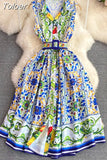 Summer Runway Shirt Dress Women's Notch Collar Sleeveless Blue And White Porcelain Print Lace-Up Belt Pleated Midi
