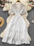 Quality French Lace Dress Women Elegant Short Sleeve Hollow A-line Dresses Summer Fashion Streetwear Maxi Long