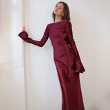 Elegant Temperament Solid-Colored Back-Back-Scuffed Long-Sleeved Dress