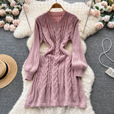 Women Retro Solid Sweater Dress V Neck Hemp Floral Long Sleeve French Style 2022 Winter A Line Slim Knitted