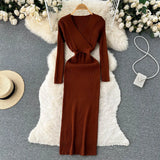 Autumn Sexy Knitted Dress Women V Neck Long Sleeve Slim Maxi Dress Female Autumn Hollow Out Sweater Long Dress