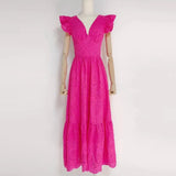 TWOTWINSTYLE Vintage Cut Out Midi Dress For Women V Neck Flying Sleeve High Waist Solid Midi Long Dresses Female Clothing
