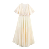 Summer 2025 New Women's Clothing Fashion Plus-Size Temperament French Style V Collar Lace Folded Skirt