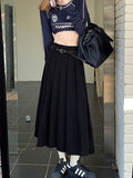 Korean Vintage Pleated Skirt Long Women Autumn Low Rise Preppy Style Casual A-Line Midi Skirt for Girls 90s