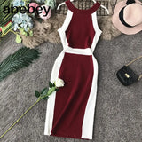 Casual Women Dress Knitted O Neck Sleeveless White Stripe Side Elegant Midi Dresses Bodycon Female