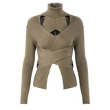 Green Irregular Hollow Out Knitting Sweater Turtleneck Long Sleeve Women Pullovers New Fashion Autumn Winter 2022
