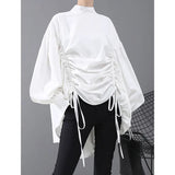 Women Back Long Drawstring Big Size Blouse New Satnd Collar Long Sleeve Loose Fit Shirt Fashion Spring Autumn 2023