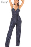 Women Sexy V Neck Sequins Long Sleeve Casual Belt Overalls Female High Waist Playsuit Elegant Ladies Party Club