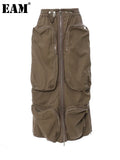 High Elastic Waist Brown Pocket Zipper Long Casual Half-body Skirt Women Fashion Tide New Spring Autumn 2023