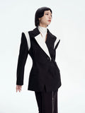 Women Black Color-block Elegant Blazer New Lapel Long Sleeve Loose Fit Jacket Fashion Tide Spring Autumn 2023