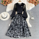 Vintage Women Black Mesh Patchwork Embroidered Midi Dress Women Elegant O-Neck Lantern Long Sleeve Big Swing Party Vestidos