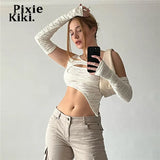 Asymmetrical Cut Out Cropped Top with Arm Sleeves Fairycore Y2k Streetwear White T Shirts for Woman Clothes