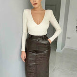PUWD Elegant Woman Beige V Neck Shoulder Pad Sweater Spring-Autumn Sexy Ladies Soft Knitwear Females Chic Slim Knitted