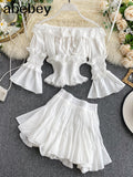 Spring Summer Long Flare Sleeve Slash Neck Slim Tops Short Mini Pleated Skirt Women Two Piece Set Outfits