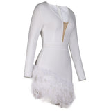 Elegant Women Bandage Dress Sexy Feathers Long Sleeve Bodycon Clothing Club Party Evening Mini