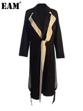 Women Black Topstitched Long Big Size Trench New Lapel Long Sleeve Loose Windbreaker Fashion Spring Autumn 2023
