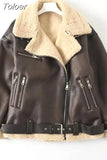 MODA 2023 Autumn Winter Women Faux Fur Brown Jacket Ladies Zipper Leather Coat Retro Loose Female Chic Thick Outwear