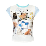 Y2k Aesthetics Tops Japanese Harajuku T-shirt 2000s Kawaii Cat Print Short Sleeve Tee Shirts Fairycore Patchwork