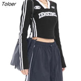 Korean Fashion Letter Print Crop Tops Casual Side Stripe Long Sleeve T-shirts American Retro Slim V Neck Pullovers