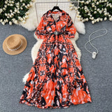 Summer Dress New Niche Light Familiar Wind V To Receive Waist Thin Temperament French Pressure Folding Printing Chiffon