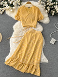 Summer Women Polka Dot Chiffon Two Piece Set Vintage V-Neck Bandage Short Tops + High Waist Mermaid Skirt 2Pcs Suits New