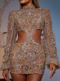Fashion Elegant Women's Dress New Round Neck Long Sleeve Gauze Sequined Mini A-line Dresses Female Summer 2023