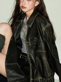 2024 Women's Leather Personality Street Sweet Cool Black Bow Leather Jacket Jacket Female-Outfit