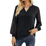 Casual Long Sleeve Women Tshirts V Neck Lace Mesh Long Sleeve Tops Female Vintage Clothes Loose Tees Shirts Blusas