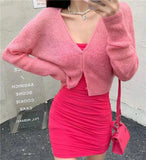 Korean Sexy See Through Cropped Cardigan Women Thin Hollow Out Knitted Cardigans Long Sleeve V-neck Sweater Crop