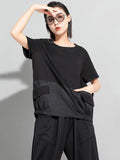 Women Black Big Size Irregular Spliced Pockets T-shirt New Round Neck Short Sleeve Fashion Tide Spring Summer 2023