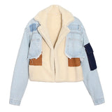 Toloer No Doubt Liang Shuang With The 2024 New Velvet Thick Denim Stitching Lamb Lapel Cotton Jacket Coat Female-Outfit