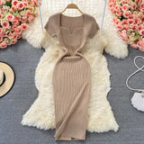 Thin Collar Knitted Dress Short Sleeve 2025 Summer New Temperament Sexy Hot Ass Long