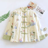 Style Buckle Coat Cotton Jacket Women's Fashion Elegant Warm Cotton Clothes National Tide Printing Cotton