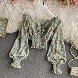 Wooden Ear Print Blouse Holiday Beach Style Slim Fit Pleat Blusas Square Collar Off Shoulder Chiffon Shirt