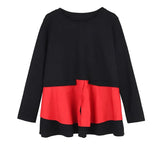 Women Red Ruffles Hem Big Size Irregular T-shirt New Round Neck Long Sleeve Fashion Tide Spring Autumn 2023