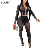 Mesh See Through 2 Piece Set Sexy Club Party Diamonds Women Set Outfits V Neck Long Sleeve Crop Top Tight Pants