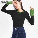 Women Tees 2022 Winter Long Sleeve O Neck Collar Cuffs Stitching Tshirt Elasticity Casual Basic All Match