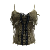 Shooting Do The Old Fur Side Of The Denim Splicing Pu Skin Lace Sling Vest Short Without Sleeve Top
