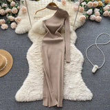 Halter Hollow Out Sexy Knitted Dress One Shoulder Long Sleeve Elastic Slim 2022 Women Autumn Split Party Sweater
