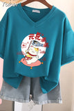 100% Cotton M-6XL T Shirt Japanese Cartoon Anime Tshirt Short Sleeve Women's Top Summer Couple V Neck Oversized T