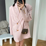 Breasted Shoulder Pad Flap Pocket Front Plus Blazer Pink Green Gray Autumn Casual Oversize Women