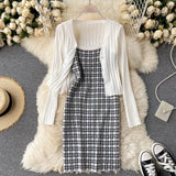 Autumn Plaid Knitted Two Pieces Suits Women Long Sleeve Knit Cardigan+Slim Short Camis Dress Sweater Dress Sets