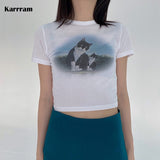 Japanese Fashion Cat Printed T-shirts Women Harajuku White Short Sleeve Crop Tops Korean Style Casual Tee Shirt